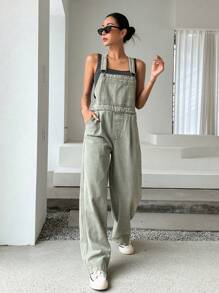 DAZY Đã vá Túi Quần yếm Denim Không có Áo ba lỗ - màu xanh lá - Xem 6