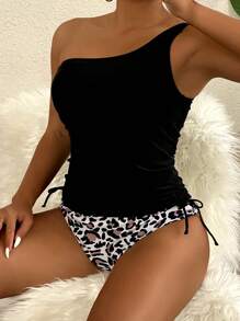 SHEIN Swim 女士豹纹单肩抽绳褶饰比基尼套装夏季海滩 - 彩色 - 查看 3