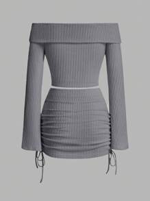 SHEIN EZwear Conjunto casula de mujer para el año nuevo tejido con hombros descubiertos, mangas largas y falda con cordón