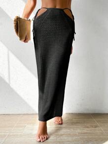 SHEIN Swim 女士纯色镂空腰带长款罩衫裙，适合度假、夏季海滩穿着 - 黑色 - 查看 1