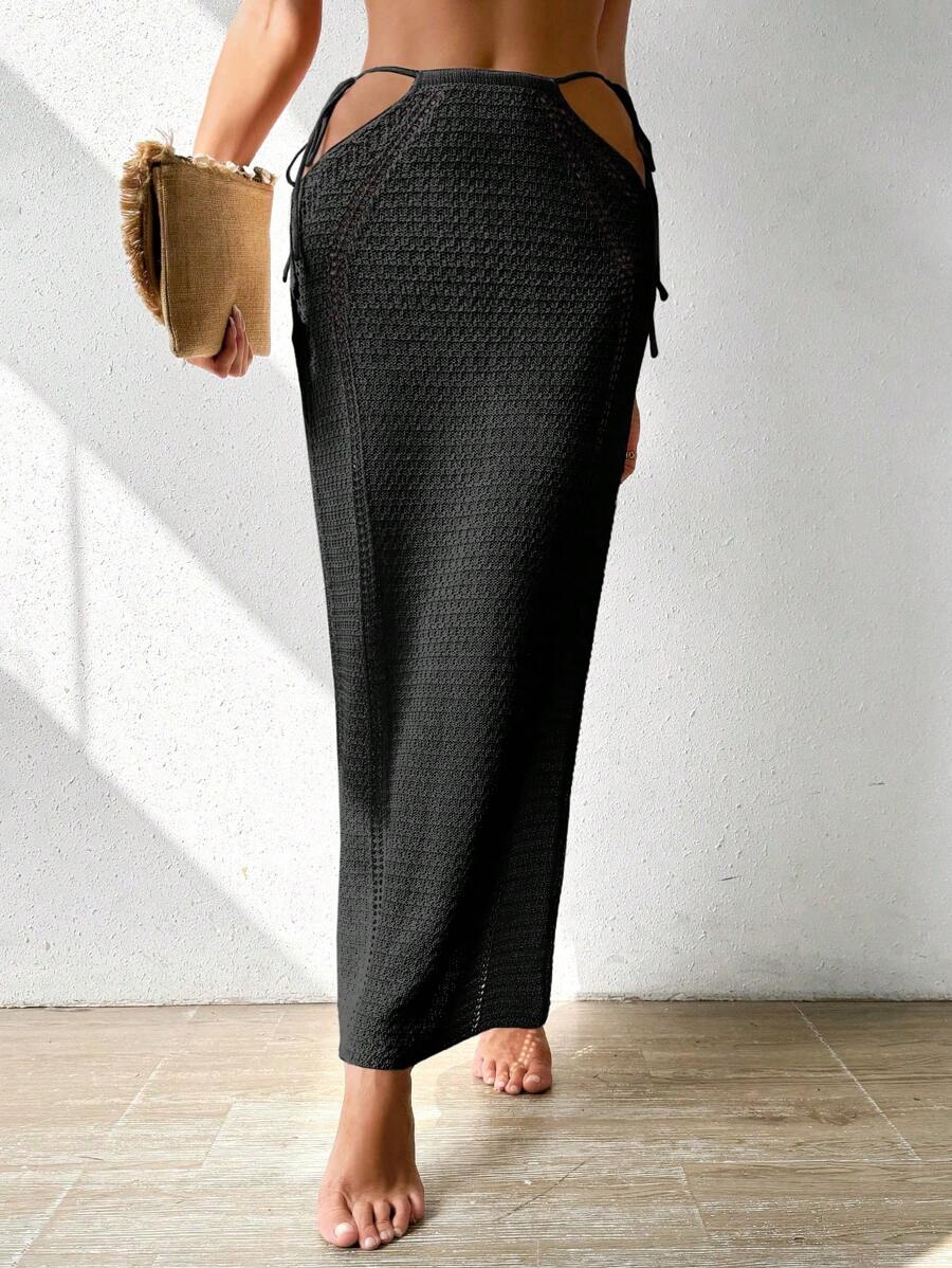 SHEIN Swim 女士纯色镂空腰带长款罩衫裙，适合度假、夏季海滩穿着 - 黑色 - 查看 1