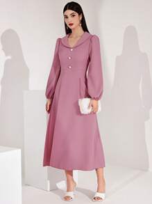 Modelyn Của phụ nữ Tay áo lồng đèn Nút Trang trí Đầm - Hồng - Xem 3