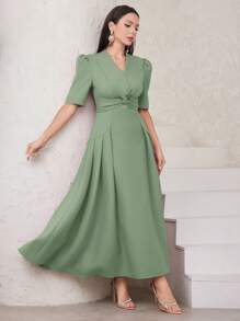 Modelyn Vestido largo de noche para mujer de unicolor con mangas de globo y detalle de nudo - verde menta - Ver 3