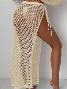 SHEIN Swim Women's Fashionable Solid Color Hollow Out Sexy Crochet Cover-Up Micro Crop Top And Skirt, For Vacation, Travel, Festival, Honeymoon, Pool Party,Summer Beach - Apricot - View 4