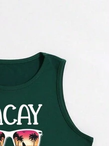 SHEIN Essnce Women's Glasses & Letter Print Lettuce Trim Tank Top - Dark Green - View 4