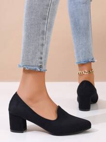 女士百搭黑色中跟圆头工作鞋，适合所有季节，优雅时尚 - 黑色 - 查看 4