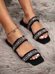 女款時尚平底涼鞋,夏日沙灘防滑可愛拖鞋,黑色條紋低跟涼鞋 - 黑色 - 查看 4