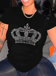 INAWLY Crown Pattern Short Sleeve T-Shirt Graphic Tees Women Tops - Black - View 1