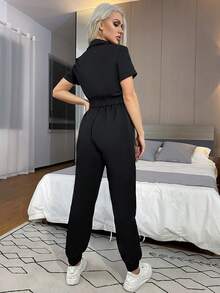 Eilly Bazar 女式纯色短袖休闲拉链半拉链连体裤，夏季 - 黑色 - 查看 2