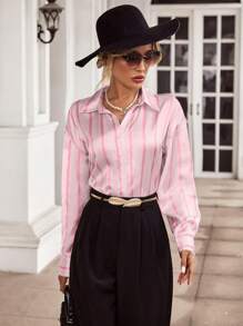 SHEIN Privé Của phụ nữ Sọc In Tay áo dài Áo sơ mi - Nhiều màu - Xem 6