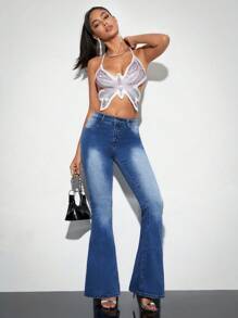 SHEIN BAE Stretch Mid-Rise Flared Jeans&Spring Outfits