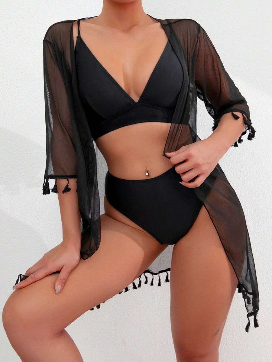 SHEIN Swim Solid Color See-Through Fringe Splice Bikini Set, Tassel Bikini Set Swimwear With Kimono Bathing Suit Beach Outfit Summer Vacation Summer Beach - Black - View 1