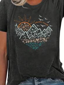 休闲花卉山日出图案圆领 T 恤