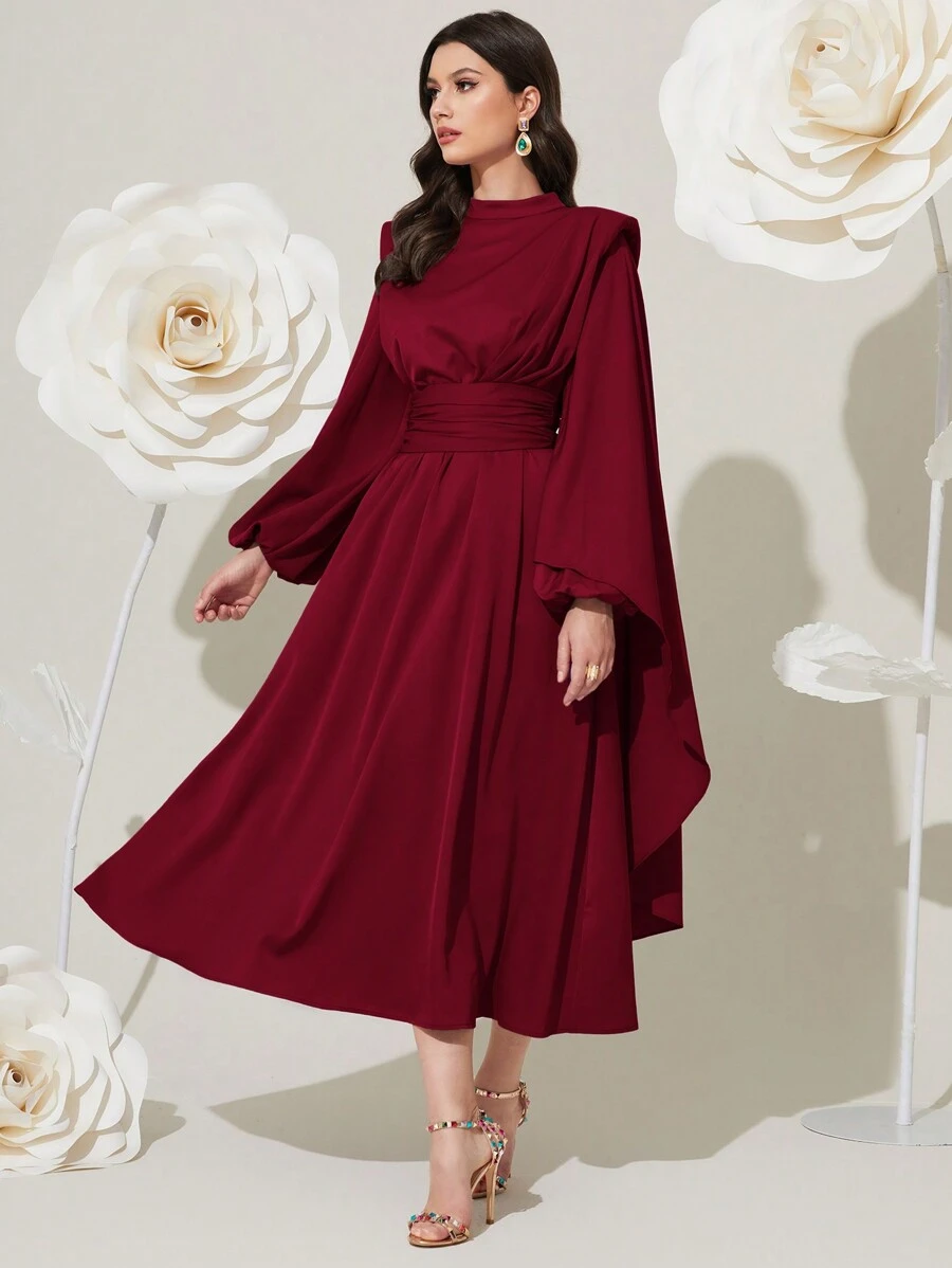 Modelyn 勃艮第红色女士纯色立领短袖阿拉伯朴素长袖连衣裙长款晚礼服 - 酒紅色 - 查看 1