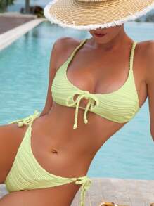 SHEIN Swim Solid Color Textured Two-Piece Bikini Set, Summer Beach - Mint Green - View 4