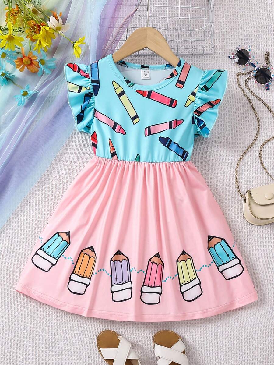 SHEIN Young Girl Flutter Sleeve Pencil Dress With Color Block And Print Summer Holiday - Multicolor - View 1