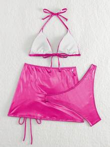 Swim EVENT Ladies' Solid Color Drawstring Ruched Halter Neck Bikini Set, Summer Beach