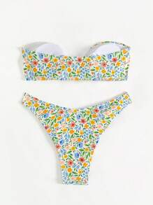 SHEIN Swim Women Bikini Sets Kolor Simpul Bunga Plants All Over Print - MultiWarna - View 2