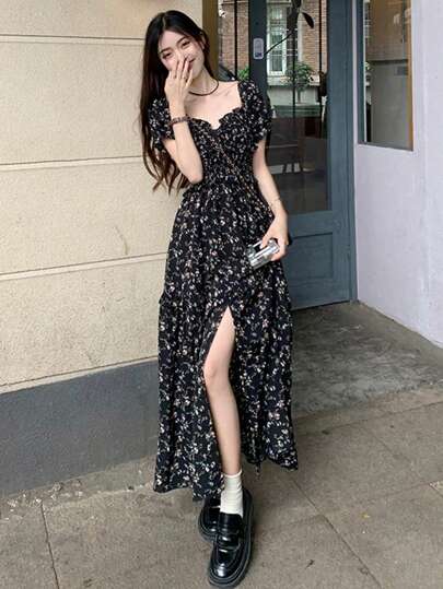 女式夏季度假碎花吊带连衣裙，侧开衩下摆