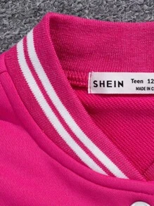 SHEIN 青少年女孩字母貼布條紋飾邊學院風夾克&百褶半身裙 - 彩色 - 查看 4