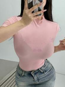 DAZY Của phụ nữ Pha lê Nghệ Embellished Đứng cổ áo Ngắn tay Áo thun - Hồng - Xem 4