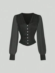 Sweetra Camisa De Mujer De Manga De Farol unicolor Y Cintura Ajustada