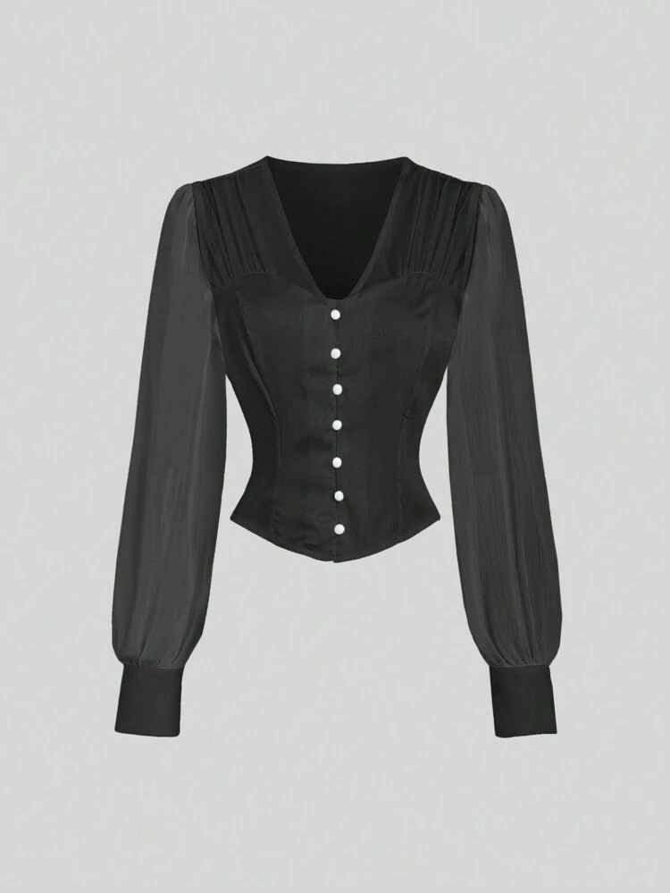 Women's Solid Color Lantern Sleeve Waist Cinched Shirt Fall Cloth For Women