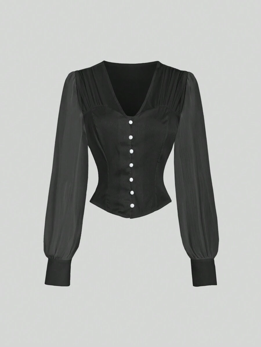 Sweetra Women's Solid Color Lantern Sleeve Waist Cinched Shirt Fall Cloth For Women - Black - View 1