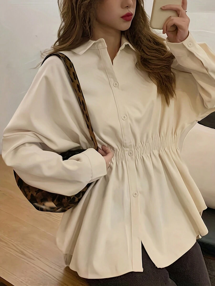 女士宽松蝙蝠袖纯色抽绳腰衬衫，春夏