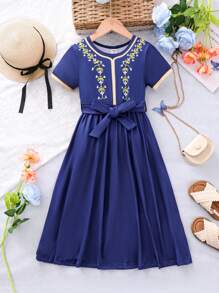 SHEIN Young Girl Dress Casual Ladylike Floral Printed Short Sleeve Dress With Round Neck For Summer - Blue - View 5