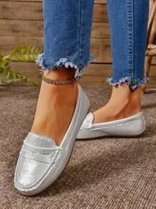 Teenagers' Round Toe Slip-On Flat Shoes With Low Vamp - Silver - View 3