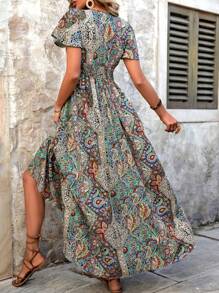 Breezaya Women's Paisley Printed Wrap Waist Shirred Ruffle Short Sleeve Dress - Multicolor - View 2