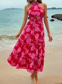 Breezaya 女士花卉印花交叉吊带连衣裙 - 玫紅色 - 查看 3