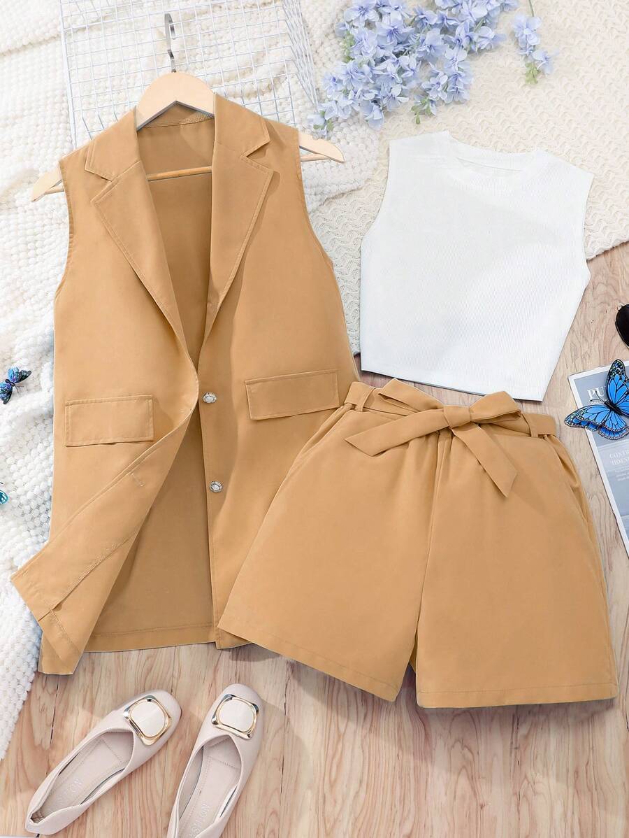 Teen Girl Summer Casual Vest, Shorts, And Waistcoat Three Pieces Set - Khaki - View 1