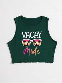 SHEIN Essnce Women's Glasses & Letter Print Lettuce Trim Tank Top - Dark Green - View 5