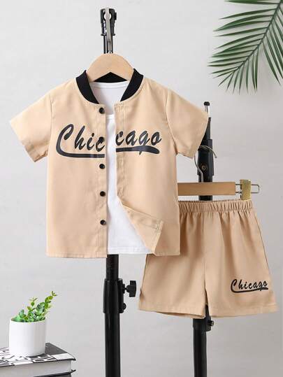 SHEIN 男小童卡其色字母運動休閒街酷棒球領常規袖2入組/套適合夏天