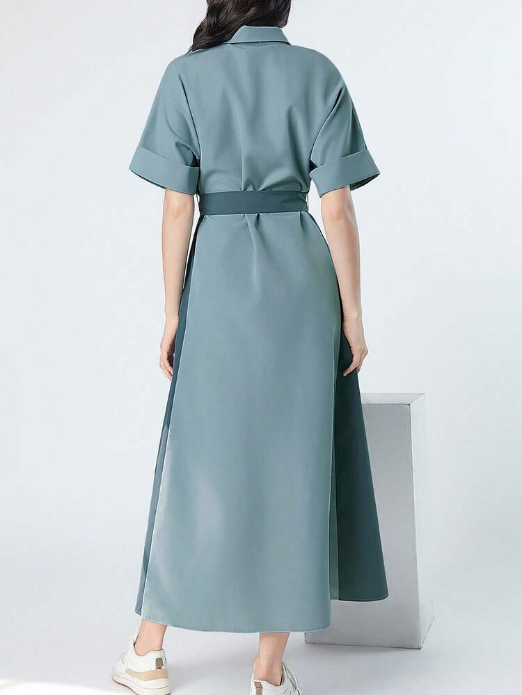 Robe De Couleur Unie À Manches Chauve-souris Et Boutonnière Avant Pour Femmes