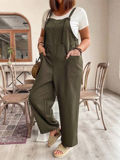 EMERY ROSE Plus Size Solid Color Jumpsuit With Double Pockets And Spaghetti Straps