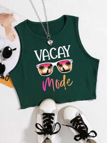 SHEIN Essnce Women's Glasses & Letter Print Lettuce Trim Tank Top - Dark Green - View 1