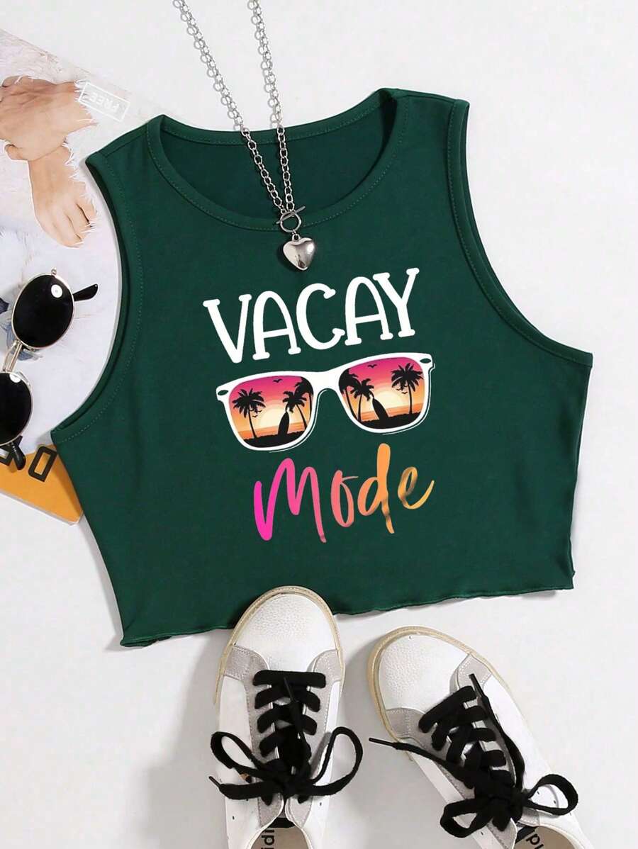 SHEIN Essnce Women's Glasses & Letter Print Lettuce Trim Tank Top - Dark Green - View 1