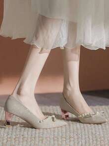 Champagne Colored High Heels For Women With Chunky Heel, Comfortable Faux Pearl Wedding Shoes - Champagne - View 2