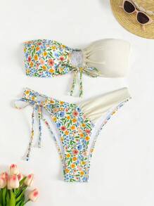 SHEIN Swim Women Bikini Sets Kolor Simpul Bunga Plants All Over Print - MultiWarna - View 1
