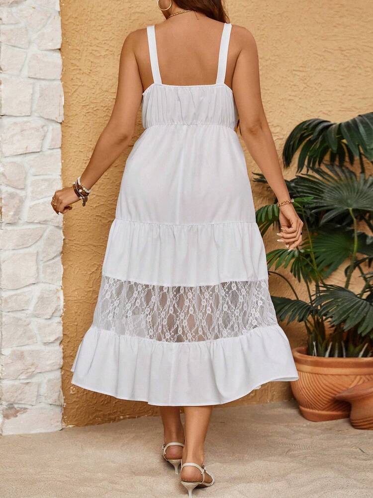 Plus Size Lace Splice Button Detail Ruffle Hem Cami Dress
