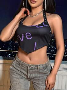 SHEIN Unity 金屬插眼不對稱下擺字母印花綁頸背心