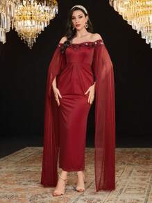 Modelyn Burgundy Red Women's Off Shoulder Cape Sleeve Bodycon Dress Long Evening Dresses - Burgundy - View 8