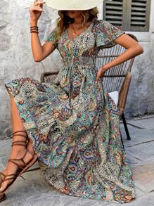 Breezaya Women's Paisley Printed Wrap Waist Shirred Ruffle Short Sleeve Dress - Multicolor - View 4