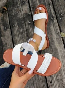 Sandales plates avec design tressé simple, style romain confortable adapté pour le port quotidien en été - Blanc - Voir 1