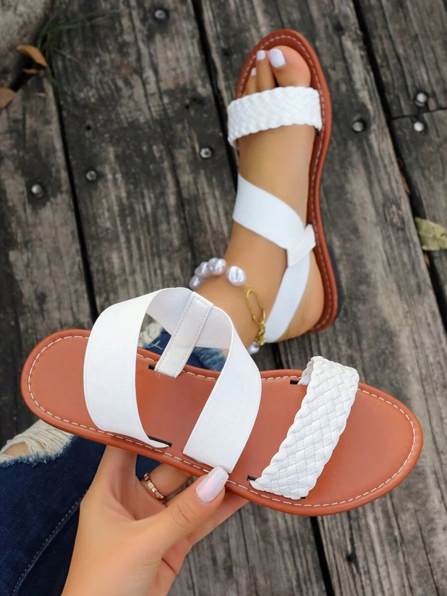 Sandales plates avec design tressé simple, style romain confortable adapté pour le port quotidien en été - Blanc - Voir 1