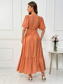 Mulvari Vestido De Mujeres Con Cuello En V, Mangas Cortas Abullonadas Y Cinturón Adornado Con Flecos - Naranja - Ver 2