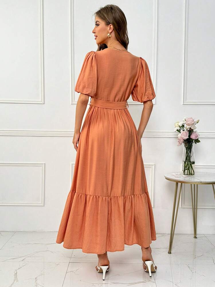 Women's V-Neck Puff Short Sleeve Fringed Belted Dress